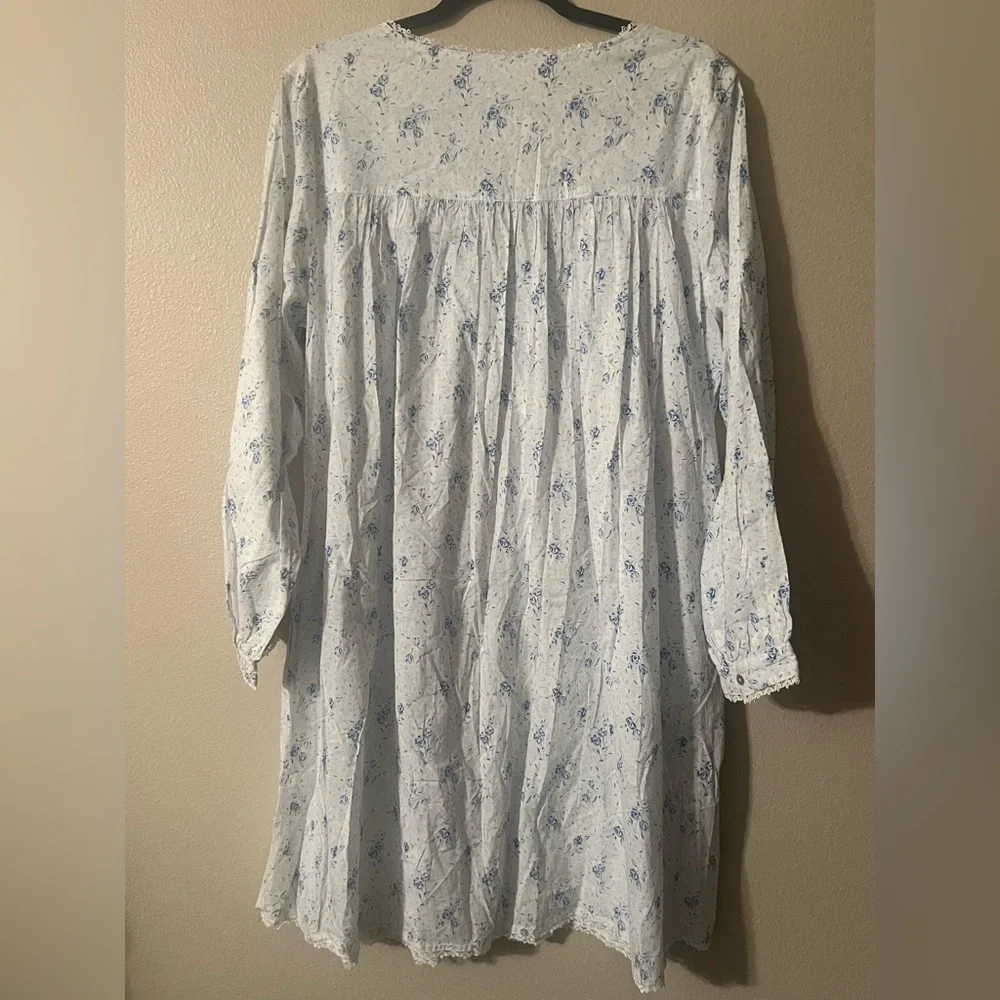 Eileen West Cotton blue Floral LS Long Nightgown cottagecore lace vtg - Picture 4 of 8